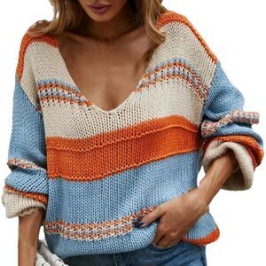 Angashion Boho Deep V-Neck Oversized Striped Sweater Sz L